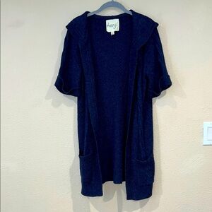 Kenji Women's Short Sleeve Open Front Hooded Cardigan Sweater Angora Blend Sz M